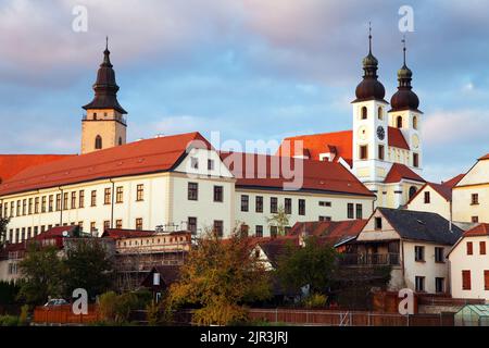 Abendansicht der Stadt Telc oder Teltsch, Weltkulturerbe der unesco in der Tschechischen Republik Stockfoto