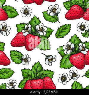 Reife Erdbeere nahtloses Muster. Handgezeichnete rote Beeren Blumen, Blätter endlosen Hintergrund, Verpackung Papier Tapete Stoff, Abdeckung Oberfläche Design. Textur für Grußkarten, Poster, Kleidungsdrucke Stock Vektor