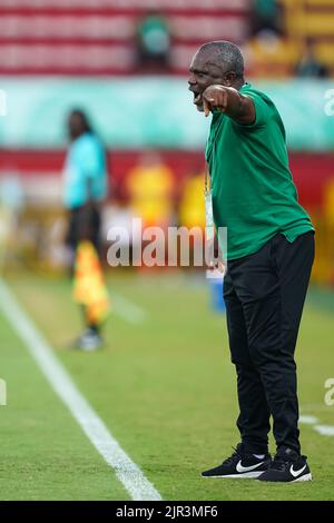 Alajuela, Costa Rica. 21. August 2022. Alajuela, Costa Rica, August 21. 2022: Headcoach von Nigeria Christopher Musa Gesten während der FIFA U20 Womens World Cup Costa Rica 2022 Viertelfinale Fußballspiel zwischen Nigeria und den Niederlanden in Morera Soto in Alajuela, Costa Rica. (Daniela Porcelli/SPP) Quelle: SPP Sport Press Foto. /Alamy Live News Stockfoto