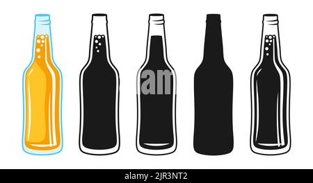 Schilderset für Bierglasflaschen. Retro-Design-Ikone, Silhouette, Doodle-Symbol golden alcohol Lager Ale. Bierfest im Brauereikneipe, Jahrgangsgravur auf dem Oktoberfest. Leere Flasche für Barmenü, Einladungsfeier Stock Vektor