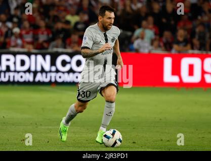 Lille, Frankreich. 21. August 2022. Lionel Messi von Paris Saint-Germain tritt während eines Fußballspiels der französischen Ligue 1 zwischen Lille und Paris Saint-Germain (PSG) im Stade Pierre-Mauroy in Villeneuve-d'ASQ, Nordfrankreich, am 21. August 2022 an. Kredit: Rit Heize/Xinhua/Alamy Live Nachrichten Stockfoto