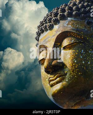 Nahaufnahme des Buddha-Bildes aus Messing der Hintergrund sind blaue Wolken. Stockfoto