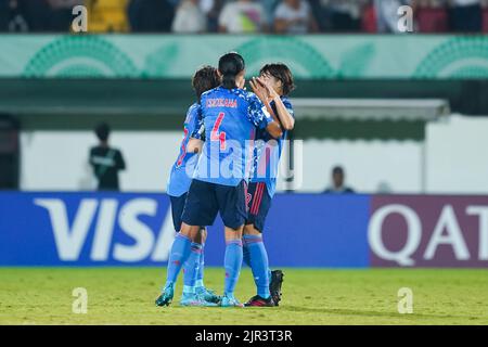 Alajuela, Costa Rica. 21. August 2022. Alajuela, Costa Rica, August 21. 2022: Japanische Spieler feiern ihr Tor während der FIFA U20 Frauen-Weltmeisterschaft Costa Rica 2022 im Morera Soto in Alajuela, Costa Rica. (Daniela Porcelli/SPP) Quelle: SPP Sport Press Foto. /Alamy Live News Stockfoto