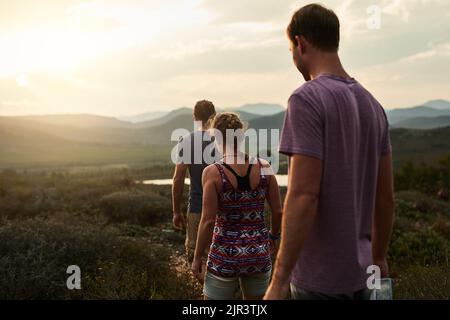 Eine Weile aus der Stadt raus. Rückansicht von drei jungen Wanderern auf einem Bergpfad. Stockfoto