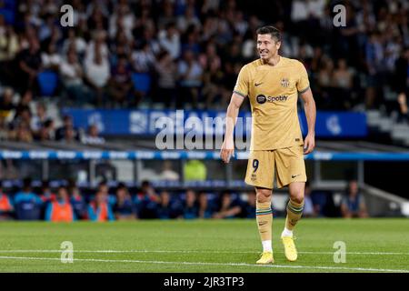SAN SEBASTIAN, SPANIEN - 21. AUGUST: Robert Lewandowski vom FC Barcelona reagiert während des La Liga Santander-Spiels zwischen Real Sociedad und FC Barcelona am 21. August 2022 in der reale Arena in San Sebastian, Spanien. Quelle: Ricardo Larreina/AFLO/Alamy Live News Stockfoto
