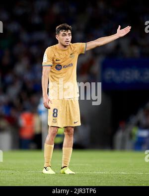 SAN SEBASTIAN, SPANIEN - 21. AUGUST: Pedri Gonzalez vom FC Barcelona reagiert während des La Liga Santander-Spiels zwischen Real Sociedad und FC Barcelona am 21. August 2022 in der reale Arena in San Sebastian, Spanien. Quelle: Ricardo Larreina/AFLO/Alamy Live News Stockfoto