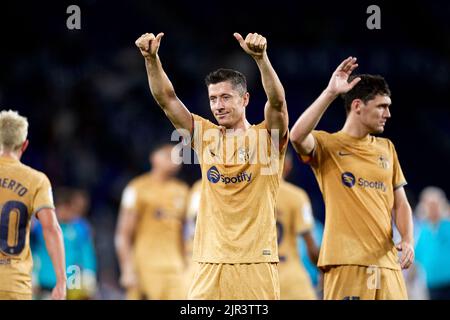 SAN SEBASTIAN, SPANIEN - 21. AUGUST: Robert Lewandowski vom FC Barcelona reagiert nach dem Spiel der La Liga Santander zwischen Real Sociedad und dem FC Barcelona am 21. August 2022 in der reale Arena in San Sebastian, Spanien. Quelle: Ricardo Larreina/AFLO/Alamy Live News Stockfoto