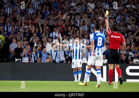 SAN SEBASTIAN, SPANIEN - 21. AUGUST: Takefusa Kubo von Real Sociedad reagiert während des La Liga Santander-Spiels zwischen Real Sociedad und FC Barcelona am 21. August 2022 in der reale Arena in San Sebastian, Spanien. Quelle: Ricardo Larreina/AFLO/Alamy Live News Stockfoto