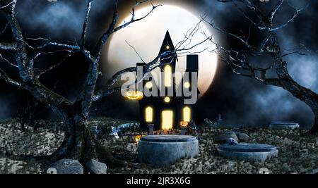 Vollmondnacht am Grab mit schwarzem Schloss, halloween Poster Design, 3D Illustration Rendering, 3D Illustration Rendering Stockfoto