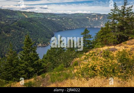 Schöner Blick auf die Saanich-Bucht und die Golfinseln vom Malahat-Gipfel am Sommertag in Vancouver Island BC Canada Stockfoto