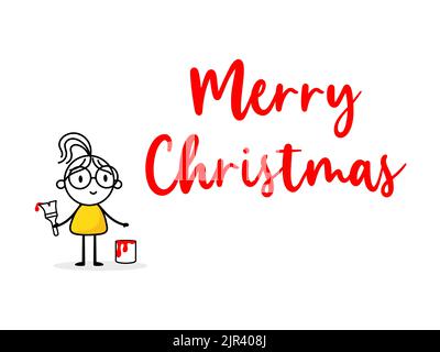 Frau zeichnet rote Worte Frohe Weihnachten. Cartoon Weihnachten Charakter Konzept. Abbildung des isolierten Vektorbestands. Stock Vektor