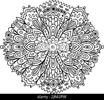 Florales Mandala mit Blumen und Blättern. Doodle Fantasy Färbung Seite für Erwachsene. Fantastisches ornaiertes Tripy-Muster. Psychedelischer Kunst. Vektorgrafik Stock Vektor