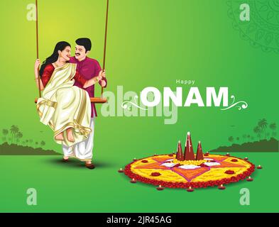 Happy onam Grüße Vektor-Illustration. Illustration der Kerala Familie auf Schaukel Stock Vektor