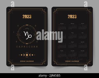 Tierkreis steinbock Kalender 2023. Taschenformat. Vorder- und Rückseite. Die Woche beginnt am sonntag. Astrologische Vektorvorlage zum Drucken bereit. Vertikales Layout Stock Vektor
