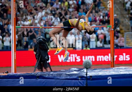 Bayern, MŸnchen: 21. August 2022, Leichtathletik: Europameisterschaften, Olympiastadion, Hochsprung, Frauen, Endgültig. Marie-Laurence Jungfleisch aus Deutschland im Einsatz. Foto: Sven Hoppe/dpa Stockfoto