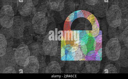 Identitätssicherheits-Symbol und Datenschutzkonzept oder Schutz persönlicher privater Daten als diverse Fingerabdrücke oder Fingerabdruck-Symbole in Schlüsselform. Stockfoto