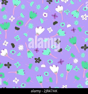 Nahtlose Cartoon abstrakte Blumen Muster. Farbblüte auf violettem Hintergrund. Handgezeichnete Pflanze, Blütenblätter. Stilisierte Pfingstrosen, Rosen, Tulpen, Kamille. So Stock Vektor