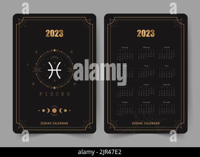 Tierkreis-fische-Kalender 2023. Taschenformat. Vorder- und Rückseite. Die Woche beginnt am sonntag. Astrologische Vektorvorlage zum Drucken bereit. Vertikales Layout in Stock Vektor