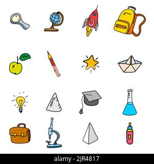 Set von Symbolen Zurück in die Schule, Handzeichnung Sammlung. Vektordarstellung Skizze Linie Form Farbstil Stock Vektor