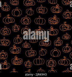 Nahtlose Halloween unheimlich Kürbisse Muster. Orange Lustiges, gruseliges, lächelndes Gesicht auf schwarzem Hintergrund. Doodle Autumn Charaktere. Happy Halloween Symbol. Stock Vektor