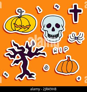 Doodle Halloween Aufkleber Set. Handgezeichneter Herbstkürbis, Spinne, Baum, Kreuz, Schädel auf orangefarbenem Hintergrund. Niedliches gruseliges Horror-Banner für Herbstferien, Stock Vektor