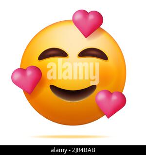 3D Gelbes glückliches Emoticon mit drei Herzen Stock Vektor