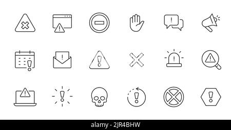 Alarm, Symbol für die Linie des Risikozeichens gesetzt. Achtung, Warnung, Ausrufezeichen dünne bearbeitbare Linienkontursymbol. Alarminformationen, Vektordarstellung für Unfallbenachrichtigungen. Stock Vektor
