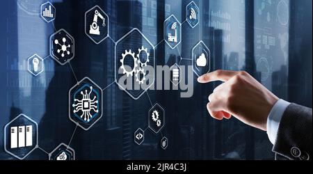 3D Dashboard mit virtuellem Bildschirm und Projektmanagement mit Symbolen der Planungskommunikation Stockfoto