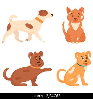 Set von niedlichen Hunden in verschiedenen Posen. Lustige Hunde auf weißem Hintergrund isoliert. Flache Vektorgrafik. Stock Vektor