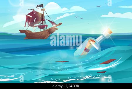 Flasche mit Papiernachricht darin schwimmend im Meer. Piratenschiff segelt in der Ferne . Cartoon-Illustration. Stock Vektor