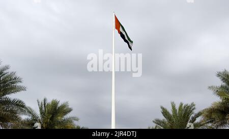 Flagge der Vereinigten Arabischen Emirate gegen den wolkigen weißen Himmel an einem Wintertag Flagge der Vereinigten Arabischen Emirate winkt in der Stadt Dubai , nationales Symbol der Vereinigten Arabischen Emirate. Stockfoto