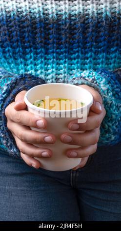 Hände mit einer Tasse zum Mitnehmen und Hühnerbrühe Stockfoto