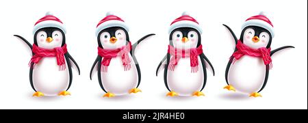 Pinguin weihnachten Zeichen Vektor-Set. 3D Pinguin niedlichen Charakter in freundlichen Ausdrücken mit isoliert in weißem Hintergrund für Weihnachten Sammlung. Stock Vektor