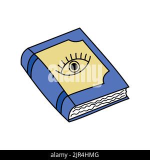 Zauberspruch Buch Doodle isoliert. Vektor handgezeichnete Illustration des Hexenattributs. Farbenfrohe Umrisse magisches Buch mit mystischem Auge. Hexerei Symbo Stock Vektor