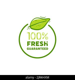 Handzeichnung 100% frisches Zeichen. Grünes Etikett für frisches Produktelement. Stock Vektor