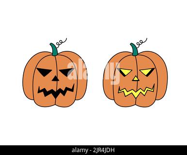 Halloween Kürbis Laterne Kritzeleien Set. Geschnitzte Jack-o-Laterne glühend und unbeleuchtet. Halloween-Symbol isoliert. Farbige, handgezeichnete Vektorgrafik. Stock Vektor