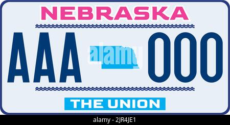 Kfz-Kennzeichen in Nebraska in den Vereinigten Staaten von Amerika, Kfz-Kennzeichen. Kfz-Lizenznummern verschiedener amerikanischer Staaten.Vintage-Druck Stock Vektor