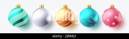 Weihnachtskugeln Vektor-Set-Design. Weihnachtskugel Ornament mit bunten Muster Dekoration isoliert in weißem Hintergrund für 3D Weihnachten Dekor Kollektion. Stock Vektor