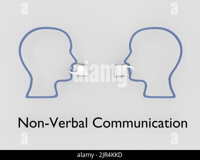 3D Illustration von zwei Kopfsilhouetten, die symbolisch die Lippen versperrten, mit dem Titel Non-Verbal Communication. Stockfoto