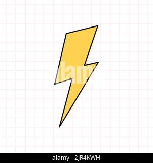 Niedlicher gelber Blitz im Stil des 90s. Vektor-handgezeichnete Doodle-Illustration isoliert auf weißem Hintergrund. Nostalgie für die 1990s. Perfekt für Karten, Dekorationen, Logo, Aufkleber. Stock Vektor