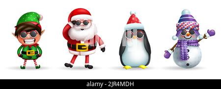 Weihnachten Zeichen Vektor-Set-Design. weihnachtsmann, Elfe, Schneemann und Pinguin 3D weihnachtsfigur isoliert in weißem Hintergrund für Weihnachtsferien. Stock Vektor