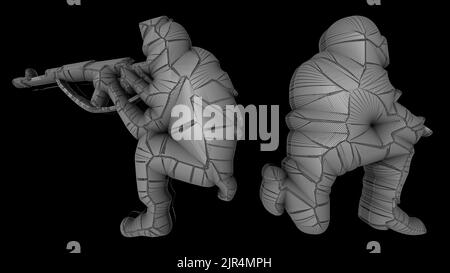 3D Illustration und Konzeptualisierung bewaffneter Soldaten in defensiven Positionen mit modernen Waffen. Stockfoto