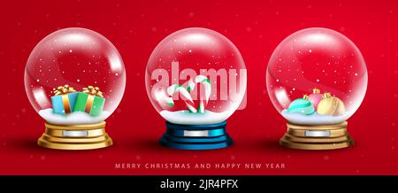 Weihnachtskristall Kugel Vektor-Set. 3D realistische Schneebälle mit Geschenken und Zuckerrohr in rotem Hintergrund für Weihnachtsdekoration Kollektion Design Stock Vektor