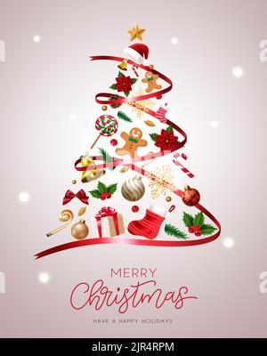 Weihnachtsbaum Vektor Konzept Design. Weihnachtsbaum-Symbol in roter Lasso-Form mit Geschenk, Zuckerrohr und Ornamenten Dekoration für die Weihnachtszeit. Stock Vektor