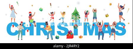 Frohe Weihnachtsfeier. Glückliche Menschen feiern flache Vektor-Poster. Grußtext und aufgeregt kleinen Charakter in festlichen Weihnachtsmann Hut tanzen und mit f Stock Vektor