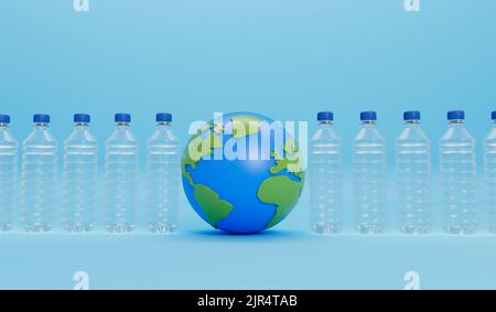 Erdkugel mit leeren Plastikflaschen. Globales Konzept der Kunststoffverschmutzung. 3D Rendering Stockfoto