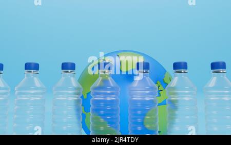 Erdkugel mit leeren Plastikflaschen. Globales Konzept der Kunststoffverschmutzung. 3D Rendering Stockfoto