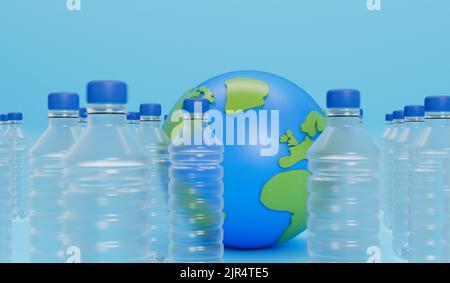Erdkugel mit leeren Plastikflaschen. Globales Konzept der Kunststoffverschmutzung. 3D Rendering Stockfoto