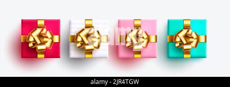 Geschenkboxen Vektor-Set-Design. Geschenke in bunten Dekoration mit glänzendem Gold isoliert auf weißem Hintergrund für weihnachten, Geburtstag und Anlass. Stock Vektor
