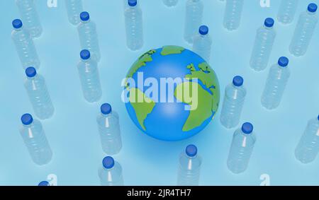 Erdkugel mit leeren Plastikflaschen. Globales Konzept der Kunststoffverschmutzung. 3D Rendering Stockfoto